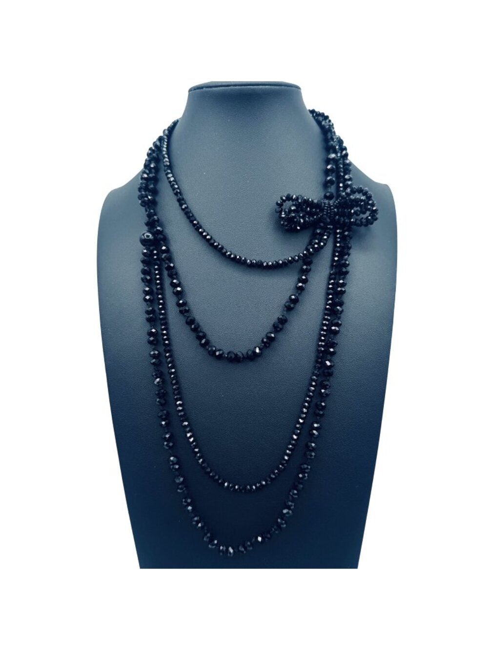 Vintage Black Glass Bead Necklace 2 Strand Hand Knotted Bow 22" Whimsygoth Fairy